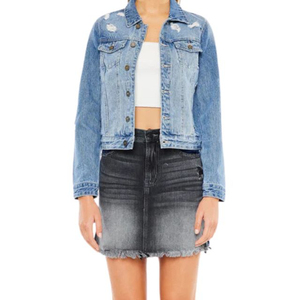 Veste en jean bleue pour femme de qualité supérieure, style Y2K, avec broderie, chaîne à pampilles, effet délavé, décontractée, grande taille, avec de gros détails en coton - Product Image 3