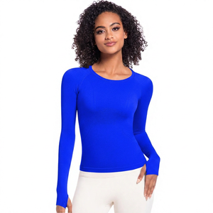 Camiseta de Yoga de Manga Larga para Mujer, Cuello Redondo, Color Sólido, Transpirable, Spandex, Poliéster, Corte Regular - Product Image 2