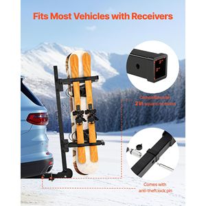 Adjustable Folding Hitch-Mounted <b>Ski</b> Snowboard Rack Car Key <b>Lock</b> Security Strap Tilt Access for 6 Pairs <b>Skis</b> 4 Snowboards Fits - Product Image 3