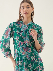 Vintage Style Green and Pink Floral Printed Fit & Flare Women <b>Dress</b> <b>for</b> Party Wear <b>Wedding</b> Event Retro Fashion Usage - Product Image 3