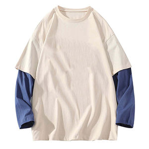 Camiseta de Manga Raglán Extra Grande de Doble Capa para Hombre, Cuello Redondo, Bloques de Color en Contraste, 100% Algodón Jersey, Diseño Casual Sólido - Product Image 1