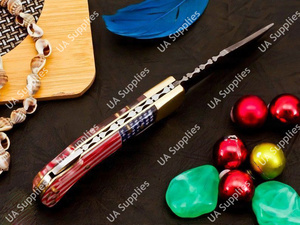 Cuchillo Plegable Profesional Premium de Damasco con Mango de Madera y Resina Epoxi, Cuchillo Táctico EDC con Bandera Nacional, Bloqueo Trasero OEM para Exteriores - Product Image 4