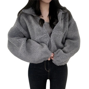Custom Women Knitted Denim Crop Jacket | Oversized Breathable Hooded Short Coat | Fuzzy Autumn Winter Streetwear <b>Covered</b> <b>Button</b> - Product Image 1