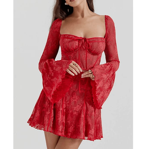 Midnight Lace Bell Sleeve Mini Dress Gothic Glamour Sheer Floral Lace Fit and Flare Noir Floral Sheer Mesh Mini dress - Product Image 6