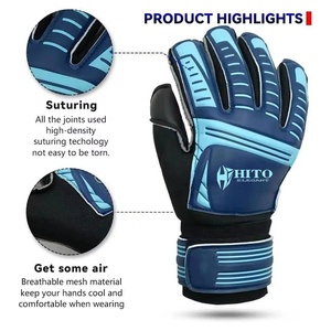 Premium Custom Design Black and Blue German Embossed Latex Soccer Goalkeeper <b>Gloves</b> 4mm German Latex strap Negative Cut - Product Image 2