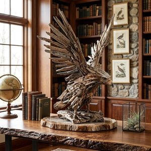 Sculpture d'aigle en bois artisanale, rustique, en teck et bois flotté, avec ailes écartées, pour décoration de sol, articles de décoration. - Product Image 3