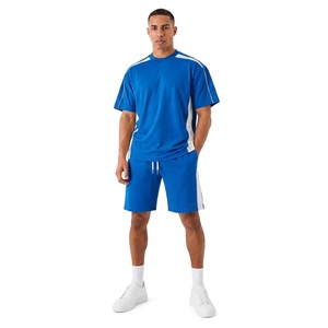Men's Blue Sporty T-Shirt <b>Set</b> With White Stripes Crew Neck <b>Knitted</b> Polyester Breathable Summer Shorts <b>Set</b> - Product Image 1
