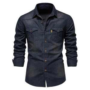 Camisa de mezclilla clásica para hombre, de manga larga, informal, con botones, de algodón azul, para uso diario, actividades al aire libre y estilo casual elegante - Product Image 6