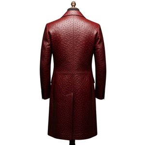 Manteau long en cuir véritable rouge pour homme, col à revers, simple boutonnage, manches classiques, gaufré, coupe ajustée - Product Image 2