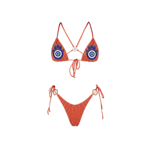 Bikini Personalizado ODM/OEM, Traje de Baño Naranja con Cuello Halter y Parte Inferior con Cordones, Conjunto de Dos Piezas Tejido para Mujer - Product Image 1