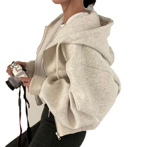 Sweat-shirt à capuche gris surdimensionné pour femme, fermeture éclair, manches régulières, polaire, polyester, anti-rétrécissement, motif géométrique brodé, hiver - Product Image 2