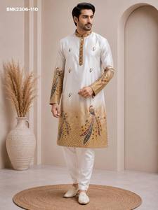 Conjunto de kurta y pijama para hombre de satén Malai con bordado de motivos de pavo real y trabajo Butta, para uso ocasional. Compra en línea en India. - Product Image 3