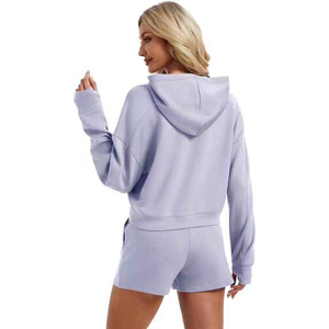 Women's 2-Piece Solid Casual <b>Knitting</b> Oversized Long Sleeve Crop Hoodie & Shorts <b>Set</b> Custom Logo Colors Hoodie Short <b>Set</b> - Product Image 2