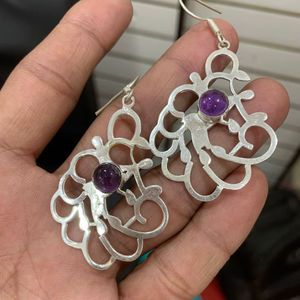 Boucles d'oreilles pendantes en argent allemand et pierres précieuses d'améthyste, bijoux américains faits à la main pour femmes, lot en gros de pierres précieuses naturelles - Product Image 1