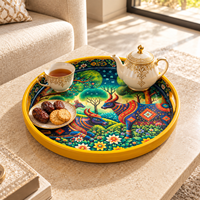 Plateau de service traditionnel en bois naturel émaillé vibrant |   Décoration de mariage artistique colorée motif vache et forêt pour table de thé, café et collations
