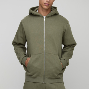 Sweat-shirt à capuche zippé vert olive pour homme, coupe droite, épaules tombantes, avec poches fendues, vêtement décontracté pour l'automne - Product Image 1