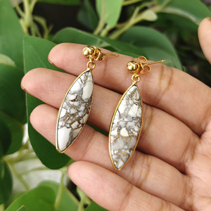 Wholesale Cute Fashion Jewelry Mohave Copper Turquoise Drop <b>Earrings</b> Brass 18K Gold Plated Marquise Gemstone Bezel Set <b>Earrings</b> - Product Image 4