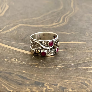 Vintage Style Sterling Silver <b>Statement</b> <b>Ring</b> With Multi-Ruby Cabochon Wide Textured Band Designer Jewelry - Product Image 2