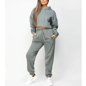 <b>Women's</b> <b>Grey</b> Cropped Hoodie Jogger Pants 2 Piece <b>Tracksuit</b> Set Oversized Sweatshirt Casual Loungewear Streetwear 100% Cotton - Product Image 1