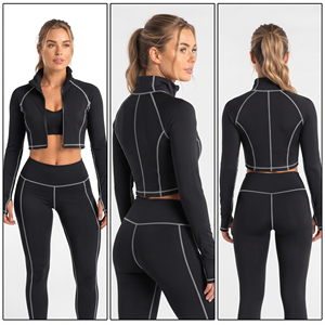 Wholesale Crop <b>Yoga</b> Training <b>Jacket</b> Women Gym Outerwear Crop Coat Spandex Polyester Crop Zipper Ladies Workout Wear Short <b>Jacket</b> - Product Image 5