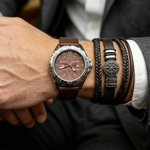 2pcs/set Brown Waterproof Men Quartz <b>Watches</b> with Leather Copper Magnetic Bracelet Luxury Men <b>Watch</b> Set Gift for Friends - Product Image 4