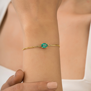 Minimal Simple Everyday Wear Design K14 Yellow Gold Real Emerald Curb Link Chain Solitaire <b>Gemstone</b> <b>Bracelet</b> Gift For Her - Product Image 2