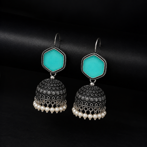 Wholesale Oxidized Silver Aqua Blue <b>Cat</b> Eye Stone Cushion Cut Pearl Jhumka <b>Earrings</b> for Women Ethnic Boho Jewelry - Product Image 4