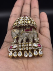 AMAIRA JEWELS Excellent Quality Gold Plated 0.1m Thick Silver Elephant Pendant Chattar Drop Crystal Rhinestone Ethnic Wedding - Product Image 1