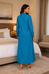 Vestido Camisero de Algodón para Mujer, Color Azul Turquesa, Manga Larga, Cierre de Botones al Frente, Túnica Elegante - Product Image 5