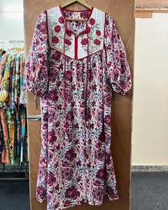 Floral Handblock Print Cotton Maxi Dress Boho <b>Balloon</b> Sleeve Long Summer Dress Handmade Indian Block Print Beach Vacation Outfit - Product Image 3