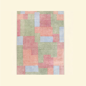 Tapis tufté à la main rose et vert pastel, antidérapant, écologique, motif géométrique abstrait moderne, blocs de couleur, à poils épais pour - Product Image 1
