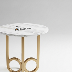 Luxury Round White Marble Top <b>Stool</b> with Gold Geometric Metal Base Modern Decorative Accent Side Table <b>for</b> Hotel & Home Decor - Product Image 3