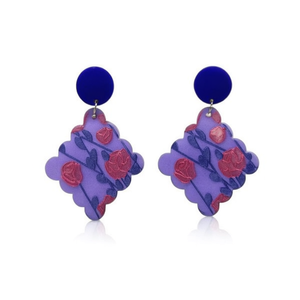 Orecchini pendenti alla moda con motivo rosa viola e borchie blu, set da 12 pezzi - Product Image 1