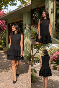 Robe Courte Bohème Plissée Sans Manches en Lin/Coton pour Femme, Col Mandarin, Taille Naturelle, Faite à la Main, Respirante - Collection Été - Product Image 3