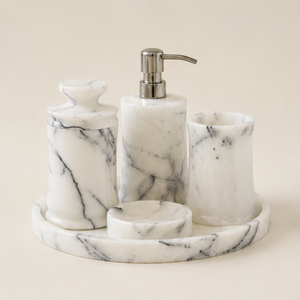 Ensemble d'accessoires de salle de bain en marbre blanc, 5 pièces, fabriqué à la main, naturel, comprenant un distributeur de savon, un porte-brosse à dents, un porte-savon et un plateau - Product Image 3