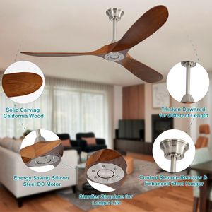 Ventilatore da Soffitto Moderno da 60 Pollici con Telecomando a 6 Velocità e 3 Pale in Legno Massello per Soggiorno - Product Image 4
