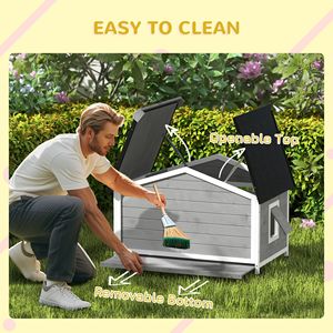 Casa per cani all'aperto in stile cabina in legno grigio con tetto apribile e finestre inferiori rimovibili copri piedi per tende-mobili per animali domestici - Product Image 4