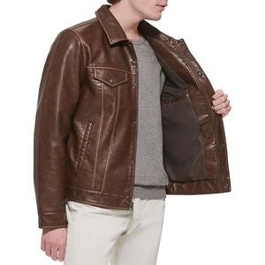 Veste en cuir véritable pour homme, marron, col rabattu, coupe décontractée, fermeture à boutons simple, style automne - Product Image 2