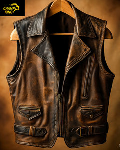 CHAMP KING Gilet de motard en cuir véritable pour homme, col rabattu, fermeture éclair, style moto, vêtement d'extérieur automne-hiver - Product Image 1