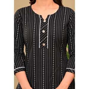 Salwar Kameez ethnique en coton noir à imprimé floral pour femme, manches trois quarts, longueur mollet, pantalon droit long, Kurta, pour fête et mariage - Product Image 5