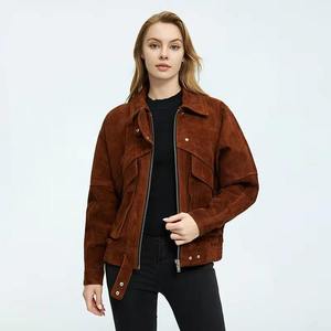 Brown <b>Suede</b> Bomber <b>Jacket</b> Full Sleeve Turn-down Collar Zipper Closure Autumn Regular Fit Solid Color Women's <b>Jacket</b> - Product Image 1