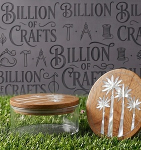 Caja de Almacenamiento Redonda de Acrílico con Tapa de Madera, Incrustaciones de Madreperla, Diseño de Palmera, Hecha a Mano, Estilo Japandi - Product Image 1