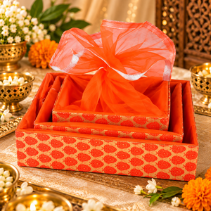 Beautiful Net Fabric Closure Gift Hamper Basket with Ribbon, Orange Designer Basket for Wedding & Return Gifts - Product Image 1