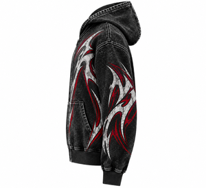 Sudadera con Capucha y Cremallera para Hombre, Negra, Roja y Blanca, con Estampado Tribal, Corte Holgado, Tejida en Poliéster, Estilo Hip Hop, para Otoño - Product Image 4