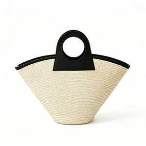 Customized Cream white ring handle straw tote <b>bag</b>,black faux‑leather contrast trim woven handbag,fan‑shaped straw <b>basket</b> shopper - Product Image 4