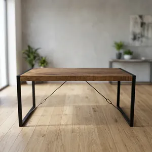 Table à manger rustique en bois avec structure en fer noir, pieds en métal industriels, mobilier de salle à manger moderne style ferme - Product Image 5