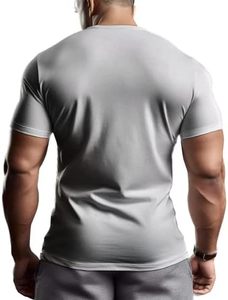 T-shirt de sport athlétique respirant pour homme, coupe ajustée, manches courtes, en polyester/coton, avec logo vintage sérigraphié sur le devant, idéal pour la musculation et le bodybuilding. - Product Image 1