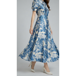 Vestido Maxi de Seda Azul Floral Elegante para Mujer, de Manga Corta, con Estampado Vintage, Ideal para Fiestas y Vacaciones, a Buen Precio - Product Image 6