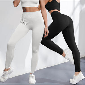 Leggings de Yoga de Cintura Alta, Acanalados, Largos, Sin Costuras, de Spandex y Nailon, Elásticos en Cuatro Direcciones, Color Negro Sólido, Pantalones Deportivos - Product Image 3