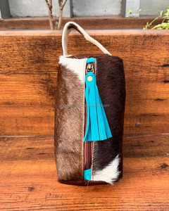 Trousses de toilette faites à la main en cuir de vachette turquoise à pompons pour femmes, trousse à cosmétiques occidentale en cuir véritable pour le rangement du maquillage - Product Image 3